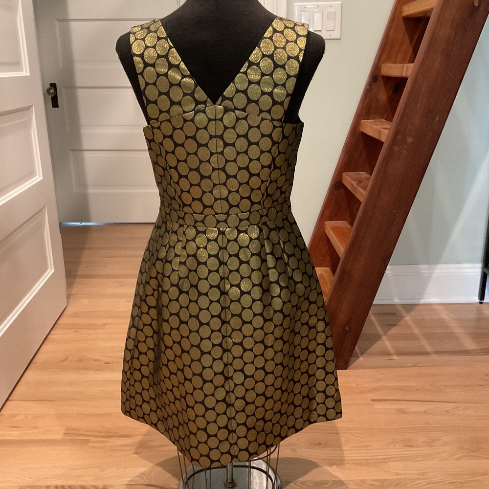 J Crew Factory Size 4 Dress Gold Black Metallic Dot Jacquard V Neck Dress - Picture 2 of 6